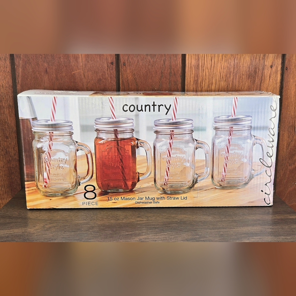 Country Mason Jars By Circleware - 15 oz. Set of 4 with lids & straws - NIB